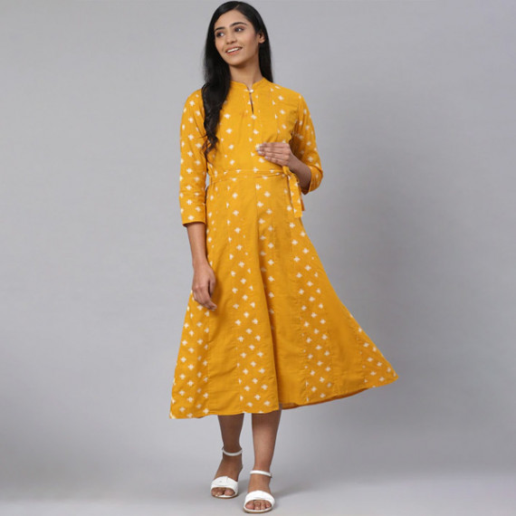 http://13.201.150.207/products/women-mustard-yellow-off-white-printed-pure-cotton-maternity-a-line-dress